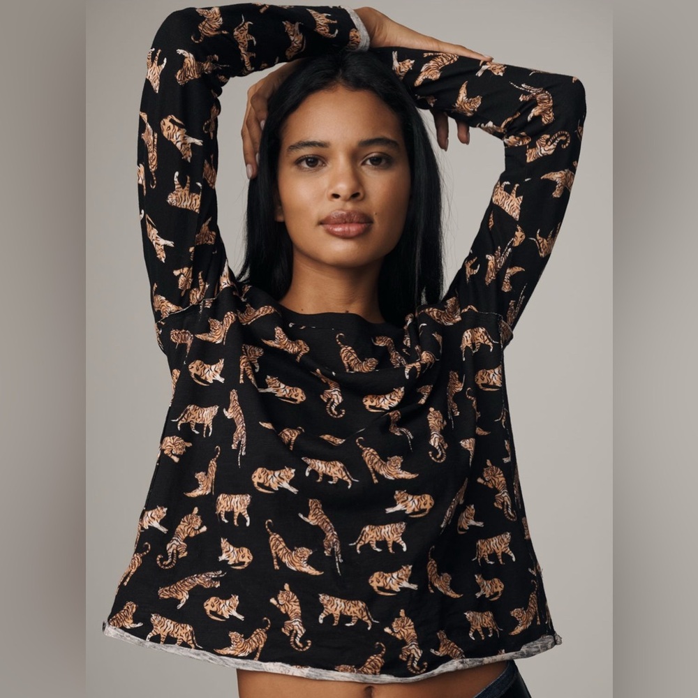Maeve Black and Brown Tiger Print Long Sleeve Top